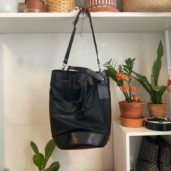 M0851 Black Leather Nylon Bucket Tote Bag - Picture 6 of 6